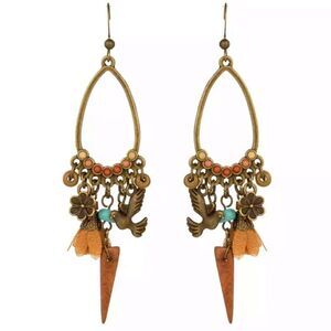 Bohemian Teardrop Dangle Earrings Neutral Boho Bird Floral